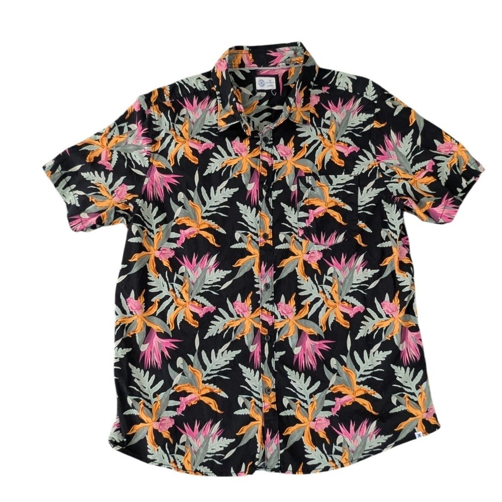 Hurley Mens Short Sleeve Button Down Shirt Floral Tropical Black XL